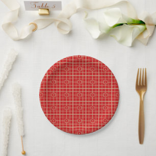 Traditional Red & Gold Chinese Geometric Pattern Paper Plate