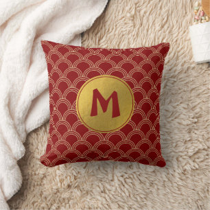 Traditional Red & Gold Chinese Pattern Monogram Cushion