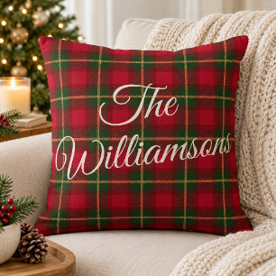 Traditional Red Green Christmas Plaid Family Name Cushion