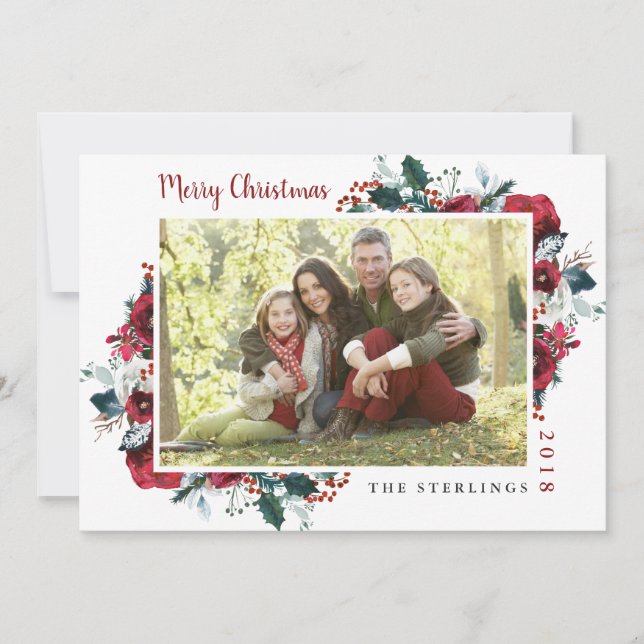 Traditional Red Green Floral Holiday Card (Front)