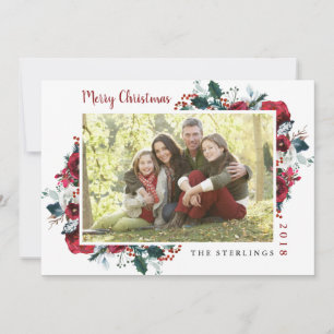 Traditional Red Green Floral Holiday Card