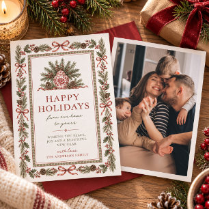 Traditional Red Green Grandmillennial Family Photo Holiday Card