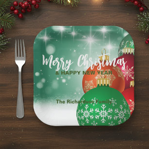 Traditional Red Green Ornament Christmas Party Paper Plate