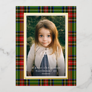 Traditional Red Green Plaid Merry Christmas Foil Holiday Postcard