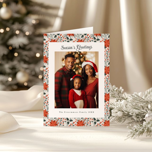 Traditional Red & Green Poinsettia Photo Christmas Card (Poinsettia Season Folded Christmas Card white)