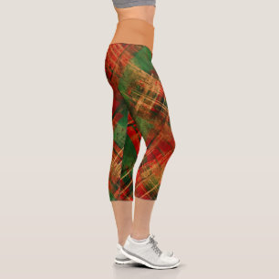 Traditional Red/Green Tartan Check Flesh Waistband Capri Leggings
