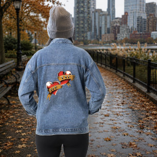 Traditional Red Heart Mum Dad Banner Tattoo Design Denim Jacket