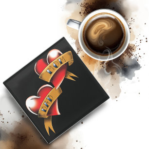 Traditional Red Heart Mum Dad Banner Tattoo Design Glass Coaster