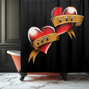 Traditional Red Heart Mum Dad Banner Tattoo Design Shower Curtain