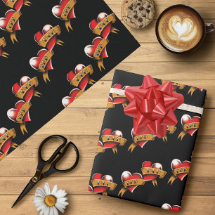 Traditional Red Heart Mum Dad Banner Tattoo Design Wrapping Paper
