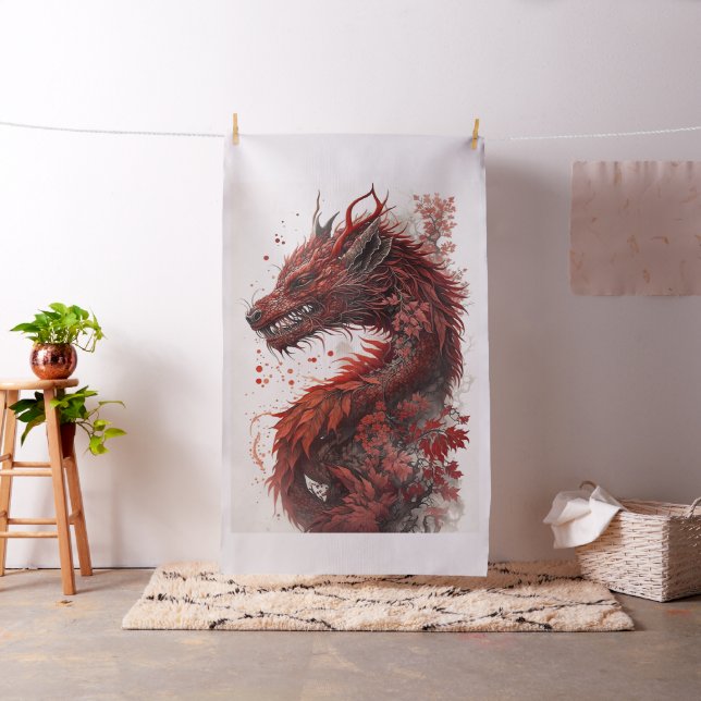 Traditional Red Oriental Painted Chinese Dragon Fabric (In Situ)