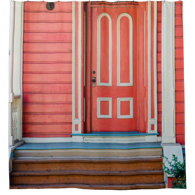 Traditional red painted wooden door and porchdoor, shower curtain (Front)