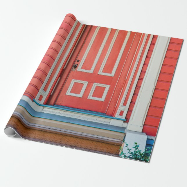 Traditional red painted wooden door and porchdoor, wrapping paper (Unrolled)