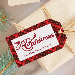 Traditional Red Plaid Custom Merry Christmas Party Gift Tags