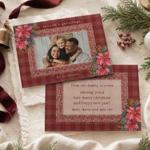 Traditional Red Plaid Poinsettia Family Photo Holiday Card