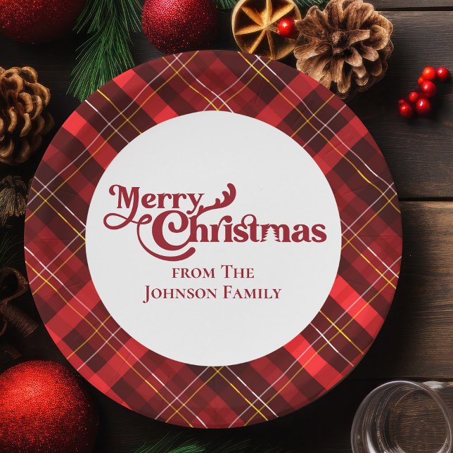 Traditional Red Plaid Tartan Merry Christmas Party Paper Plate (Creator Uploaded)