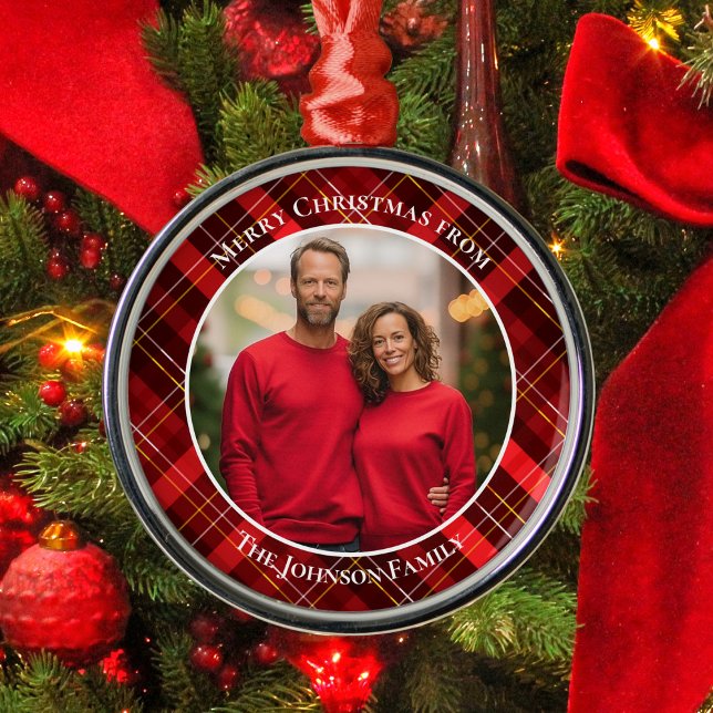 Traditional Red Plaid Tartan Photo Christmas Metal Tree Decoration (Creator Uploaded)