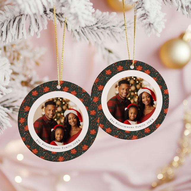 Traditional Red Poinsettia 2 Sided Photo Christmas Ceramic Tree Decoration (Poinsettia Season Double Sided Photo Christmas Ornament forest green)