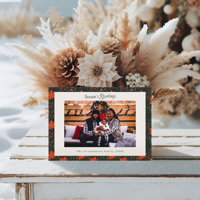 Traditional Red Poinsettia Photo Christmas Holiday Card (Poinsettia Season Christmas Card forest green)