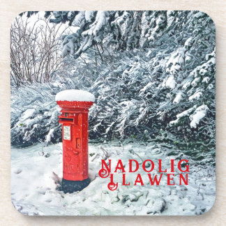 Traditional Red Postal Box and Snow on Trees Coaster