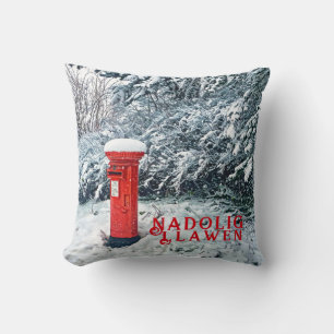 Traditional Red Postal Box and Snow on Trees Cushion