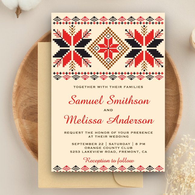 Traditional Red Weave Folk Art Wedding Invitation (Creator Uploaded)