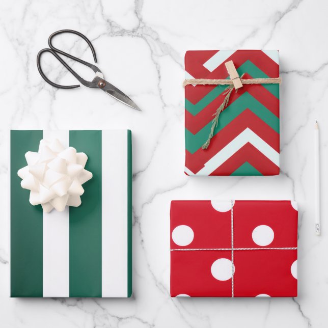 Traditional Red White and Green Christmas  Wrapping Paper Sheet (Front)