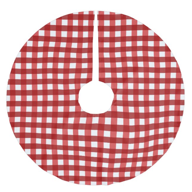 Traditional red white plaid Gingham grid pattern Brushed Polyester Tree Skirt (Front)