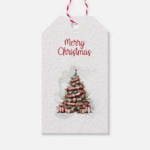 Traditional Red White Watercolor Christmas Tree  Gift Tags