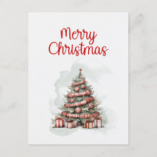 Traditional Red White Watercolor Christmas Tree Holiday Postcard