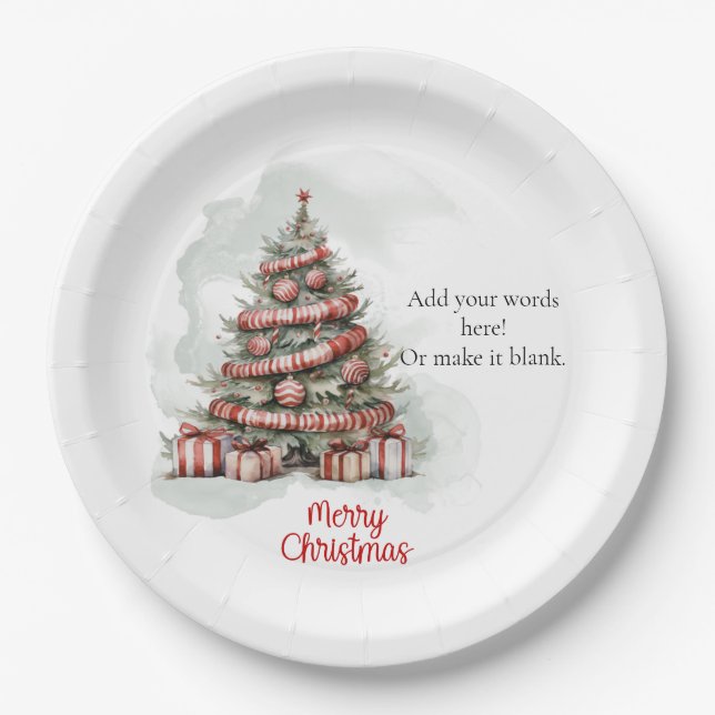 Traditional Red White Watercolor Christmas Tree Paper Plate (Front)
