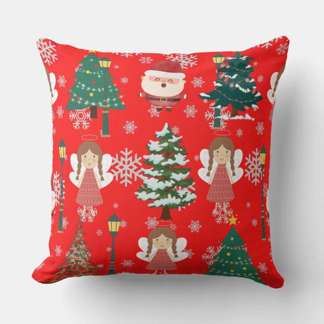 Traditional red Xmas design with text santa trees  Cushion (Front)