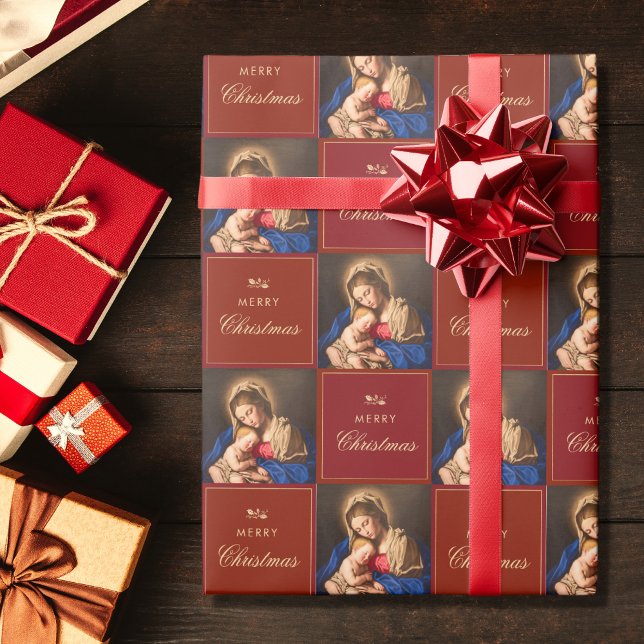 Traditional Religious Madonna & Child Catholic Wrapping Paper (Religious Christmas gift wrap with Madonna and Child in red and gold for Catholics)