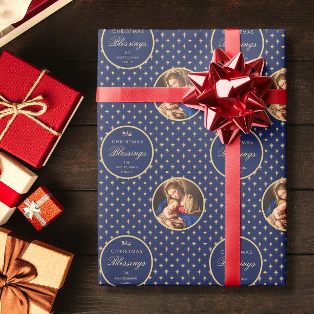 Traditional Religious Madonna & Child Christmas Wrapping Paper (Religious Christmas gift wrap with Madonna and Child in navy blue and gold for Catholics)