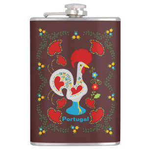 Traditional rooster of Barcelos in white Hip Flask