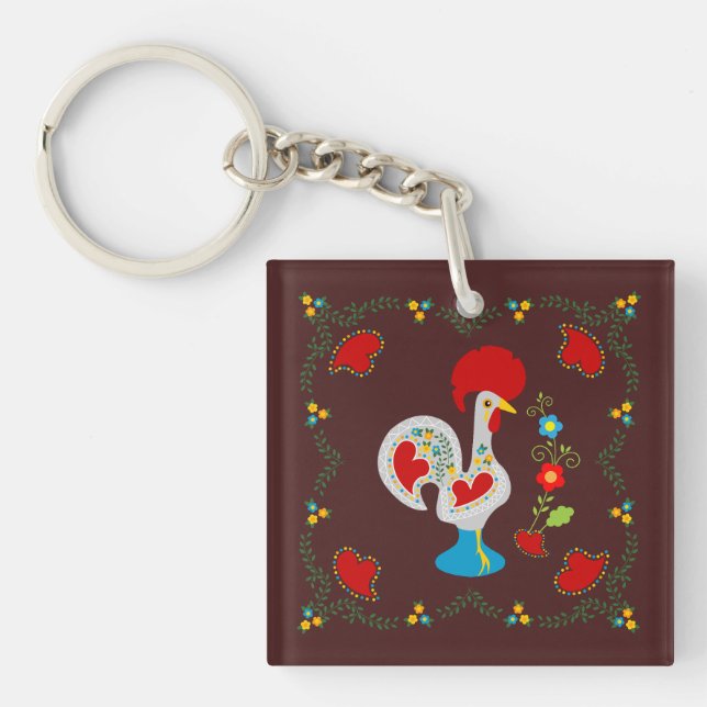 Traditional rooster of Barcelos in white Key Ring (Front)
