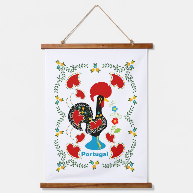 Traditional Rooster of Portugal in black Hanging Tapestry (Front)