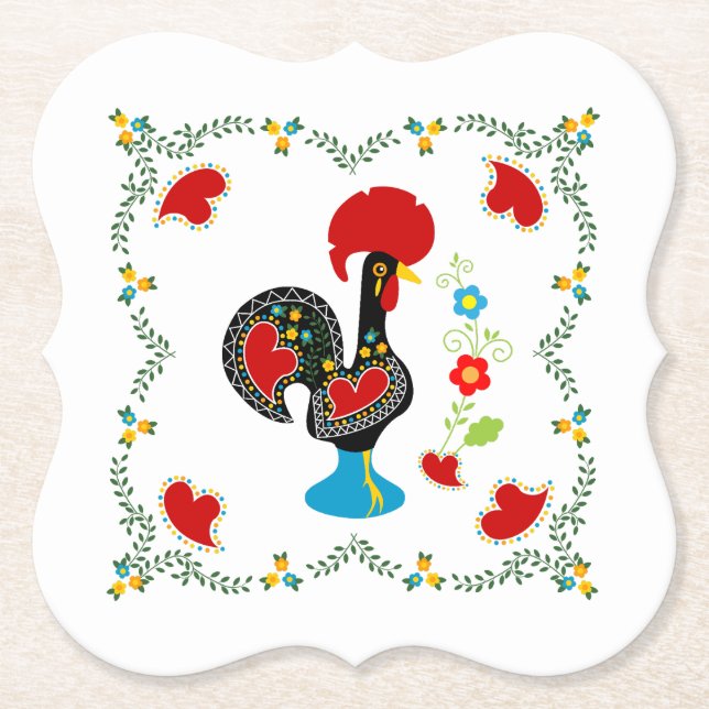 Traditional Rooster of Portugal in black Paper Coaster (Front)