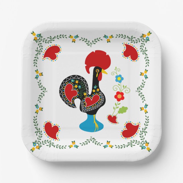 Traditional Rooster of Portugal in black Paper Plate (Front)