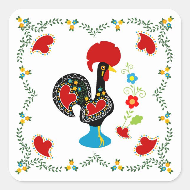 Traditional Rooster of Portugal in black Square Sticker (Front)
