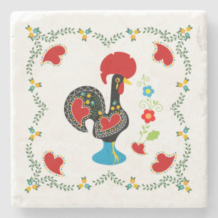 Traditional Rooster of Portugal in black Stone Coaster