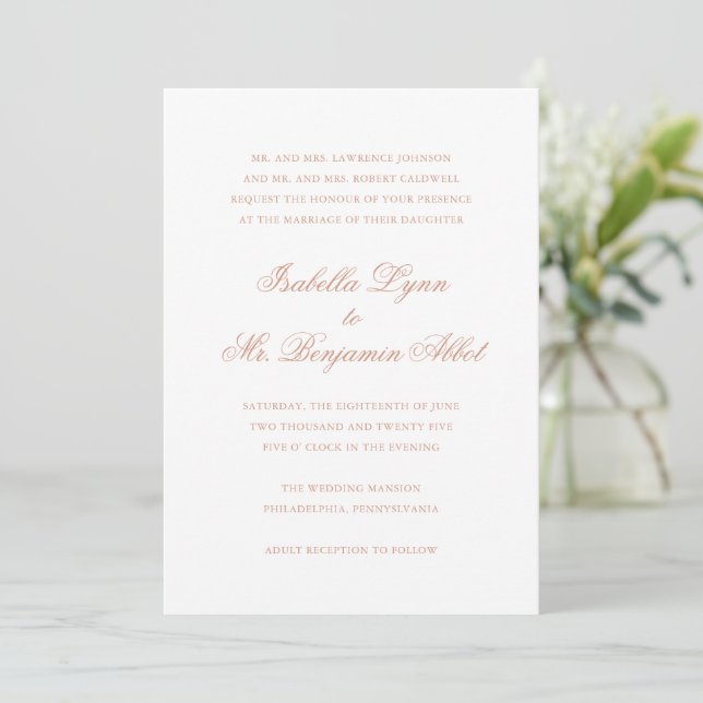 Traditional Rose Pink Formal Elegant Wedding Invitation (Standing Front)