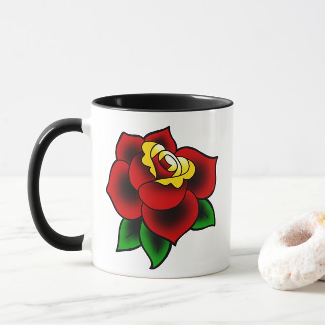 Traditional Rose Tattoo Coffee Mug (With Donut)