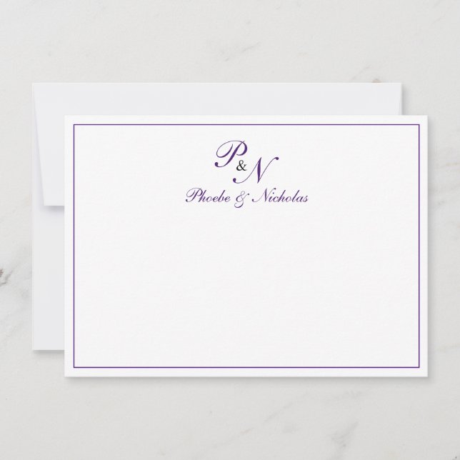 Traditional Royal Purple Monogram Formal Wedding Thank You Card (Front)