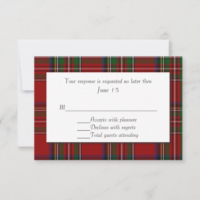 Traditional Royal Stewart Plaid Wedding RSVP Card (Front)