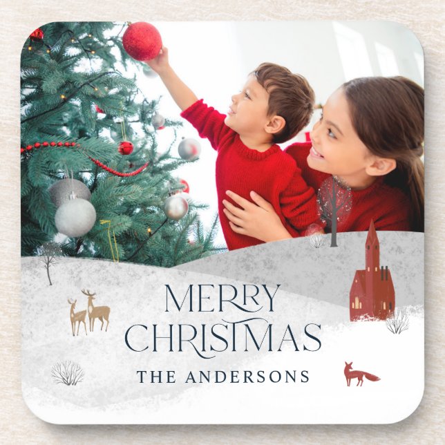 Traditional Rustic 1 photo Winter Merry Christmas  Coaster (Front)
