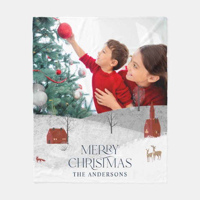 Traditional Rustic 1 photo Winter Merry Christmas Fleece Blanket (Front)