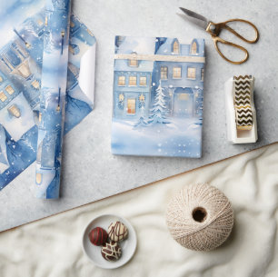 Traditional Rustic Winter City Blue Christmas Wrapping Paper