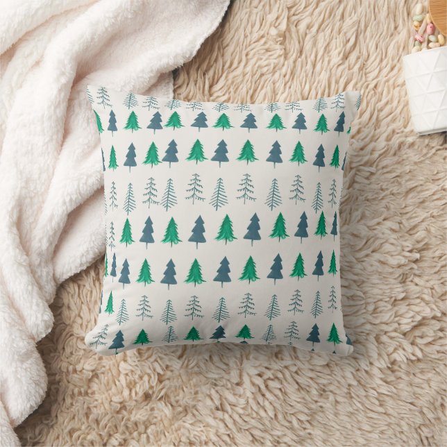 Traditional Rustic Winter forest Trees Green Cushion (Blanket)