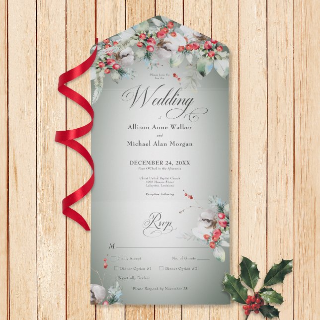 Traditional Rustic Winter Holly Berries Dinner All In One Invitation (Creator Uploaded)